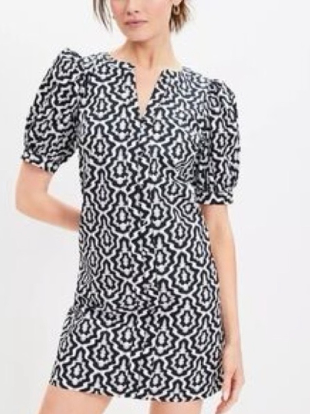 LOFT Black & White Geometric Puff Balloon Sleeve Poplin Mini Shift Dress EUC M
